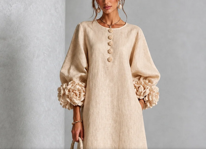 Carlotta™ | Robe Midi en Lin avec Poignets Fleuris
