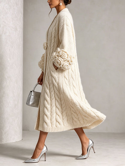 Cardigan Long En Maille Rehaussé De Motifs Floraux