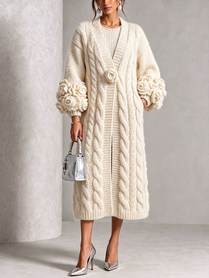 Cardigan Long En Maille Rehaussé De Motifs Floraux