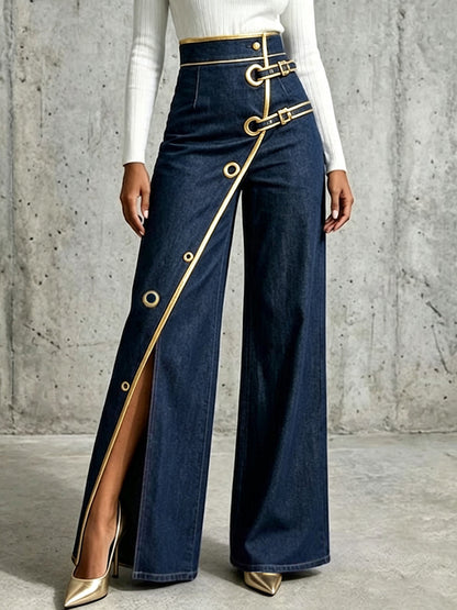 Pantalon Jean Orné En Liseré Doré