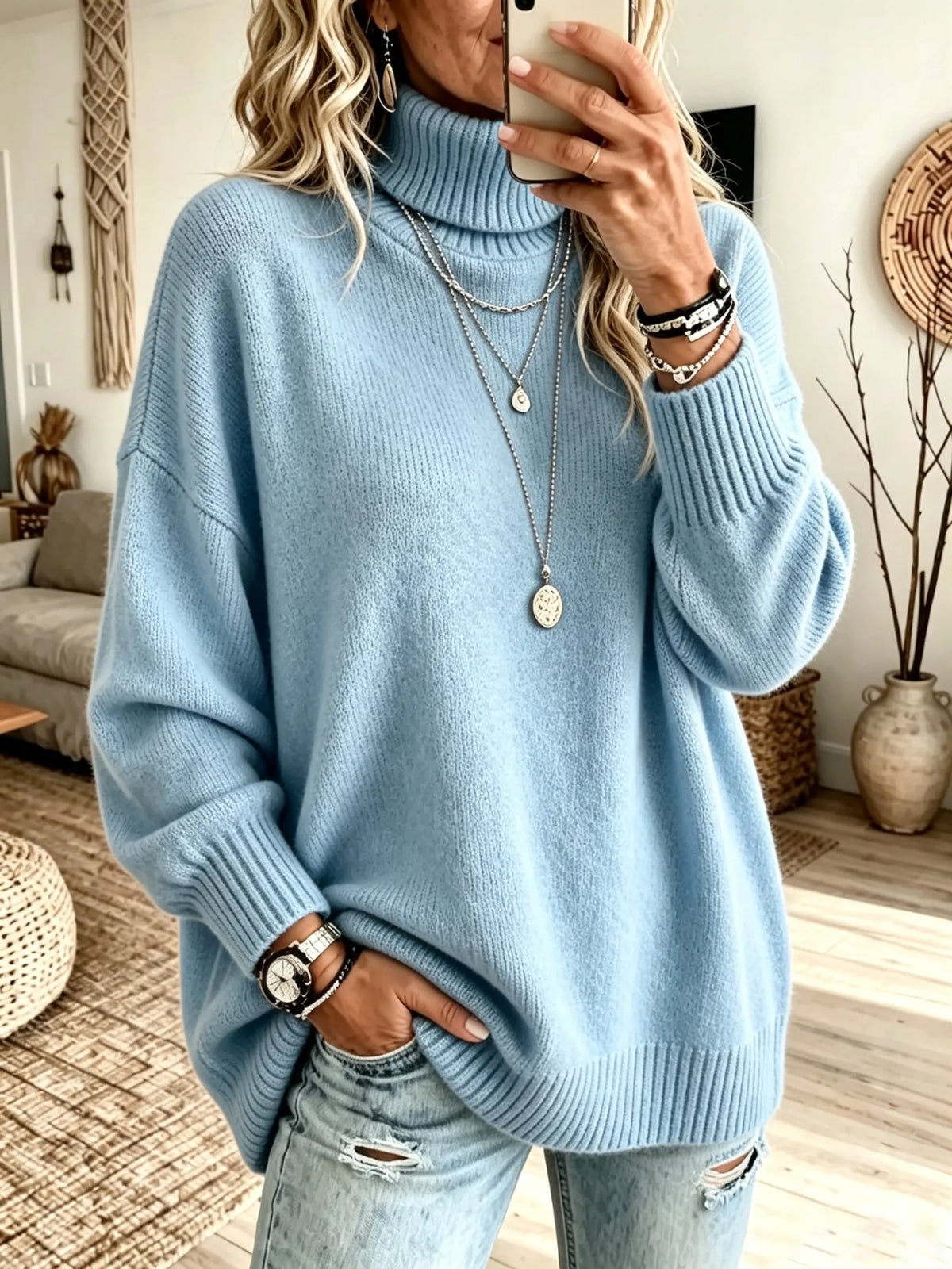 Pull À Col Roulé Oversize En Maille Côtelée